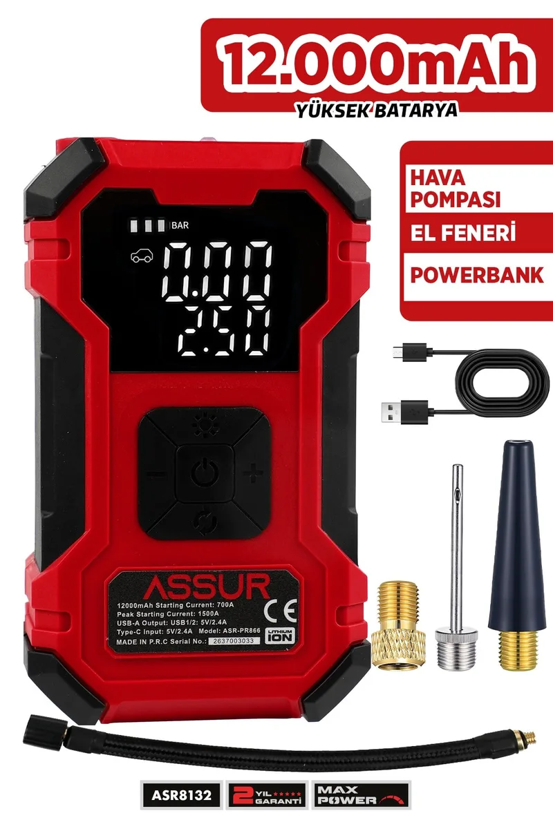 12.000 mAh Oto Kompresör| Powerbank | Led Işık |