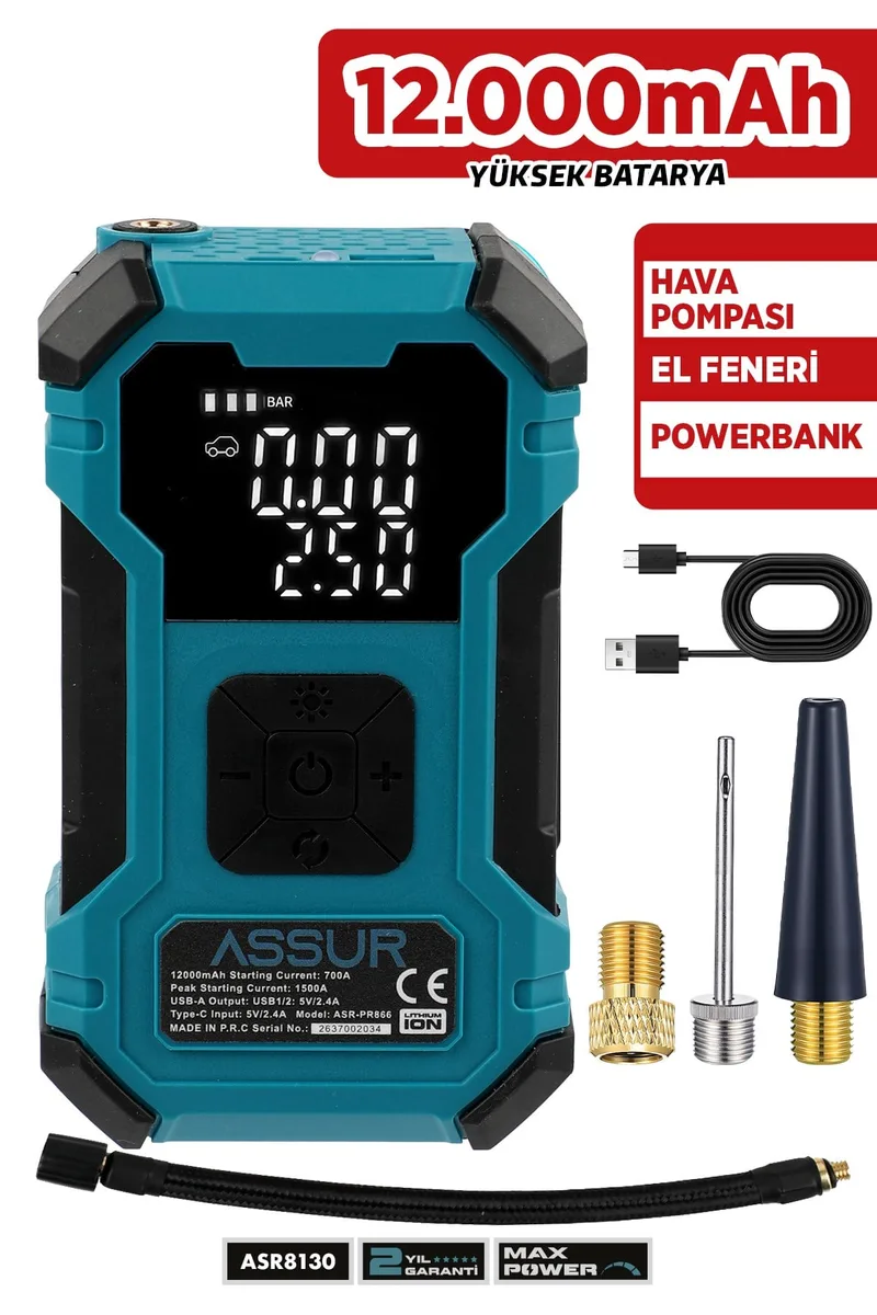 12.000 mAh  Oto Kompresör| Powerbank | Led Işık |