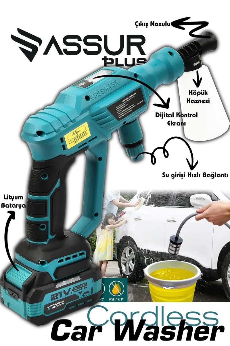 21V 2 BATARYA Kömürsüz Motor Dijital Ekranlı Yüksek Basınçlı Akülü Şarjlı Oto Araba Yıkama Makinesi - Görsel 2