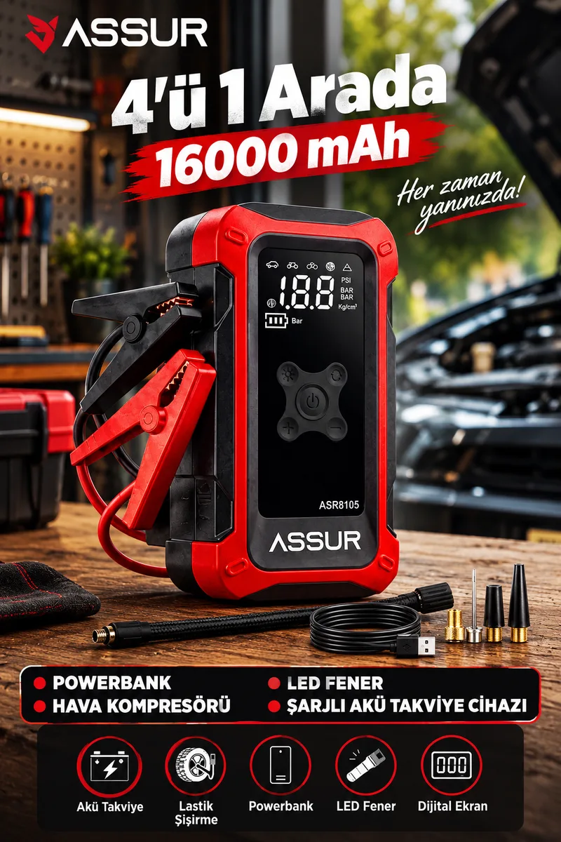 4'ü 1 Arada Dijital Göstergeli | Powerbank | Led Fener | Hava Kompresörü| Şarjlı Akü Takviye Cihazı