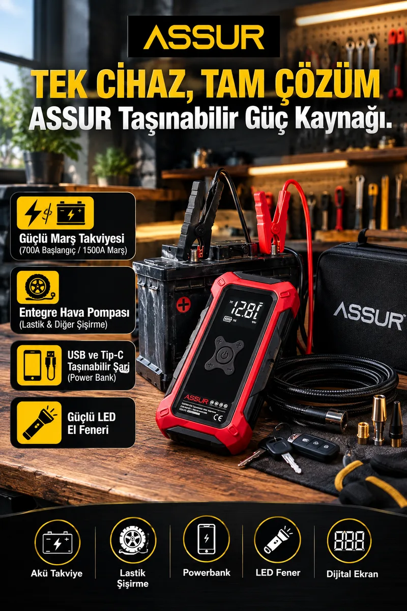 4'ü 1 Arada Dijital Göstergeli | Powerbank | Led Fener | Hava Kompresörü| Şarjlı Akü Takviye Cihazı - Görsel 2