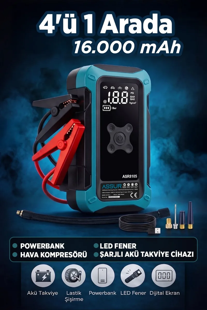 4'ü 1 Arada Dijital Göstergeli | Powerbank | Led Fener | Hava Kompresörü| Şarjlı Akü Takviye Cihazı - Görsel 3