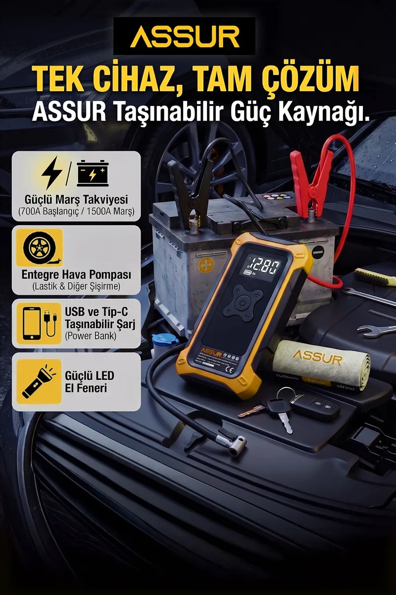 4'ü 1 Arada Dijital Göstergeli | Powerbank | Led Fener | Hava Kompresörü| Şarjlı Akü Takviye Cihazı - Görsel 7