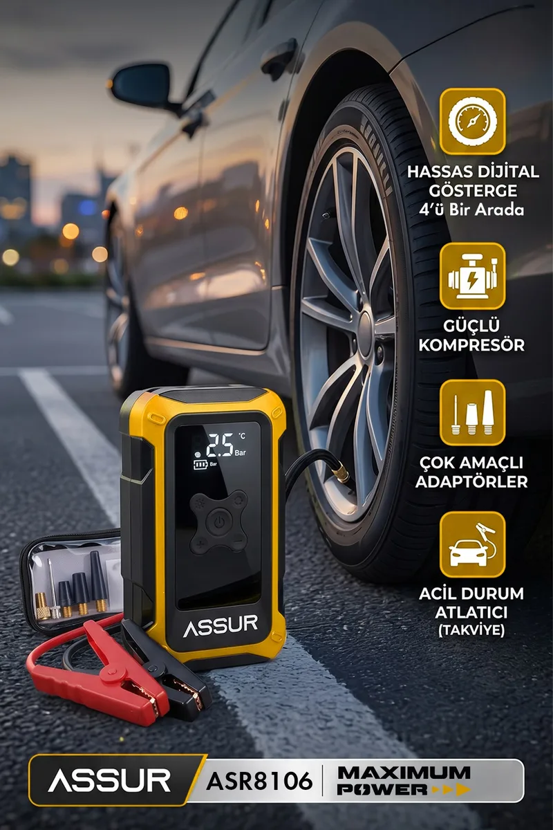 4'ü 1 Arada Dijital Göstergeli | Powerbank | Led Fener | Hava Kompresörü| Şarjlı Akü Takviye Cihazı - Görsel 8