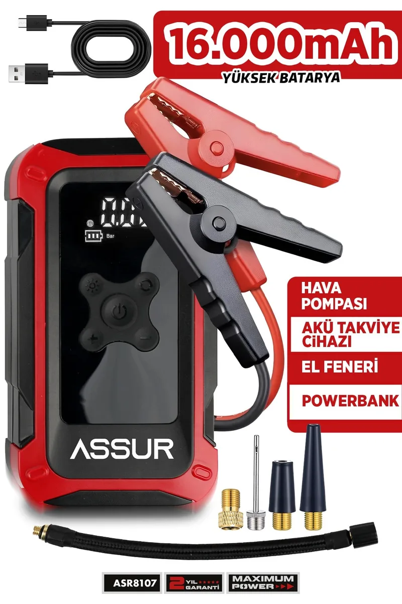 4'ü 1 Arada Dijital Göstergeli | Powerbank | Led Fener | Şarjlı Akü Takviye Cihazı | Hava Kompresörü