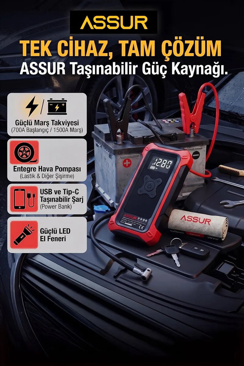 4'ü 1 Arada Dijital Göstergeli | Powerbank | Led Fener | Şarjlı Akü Takviye Cihazı | Hava Kompresörü - Görsel 2