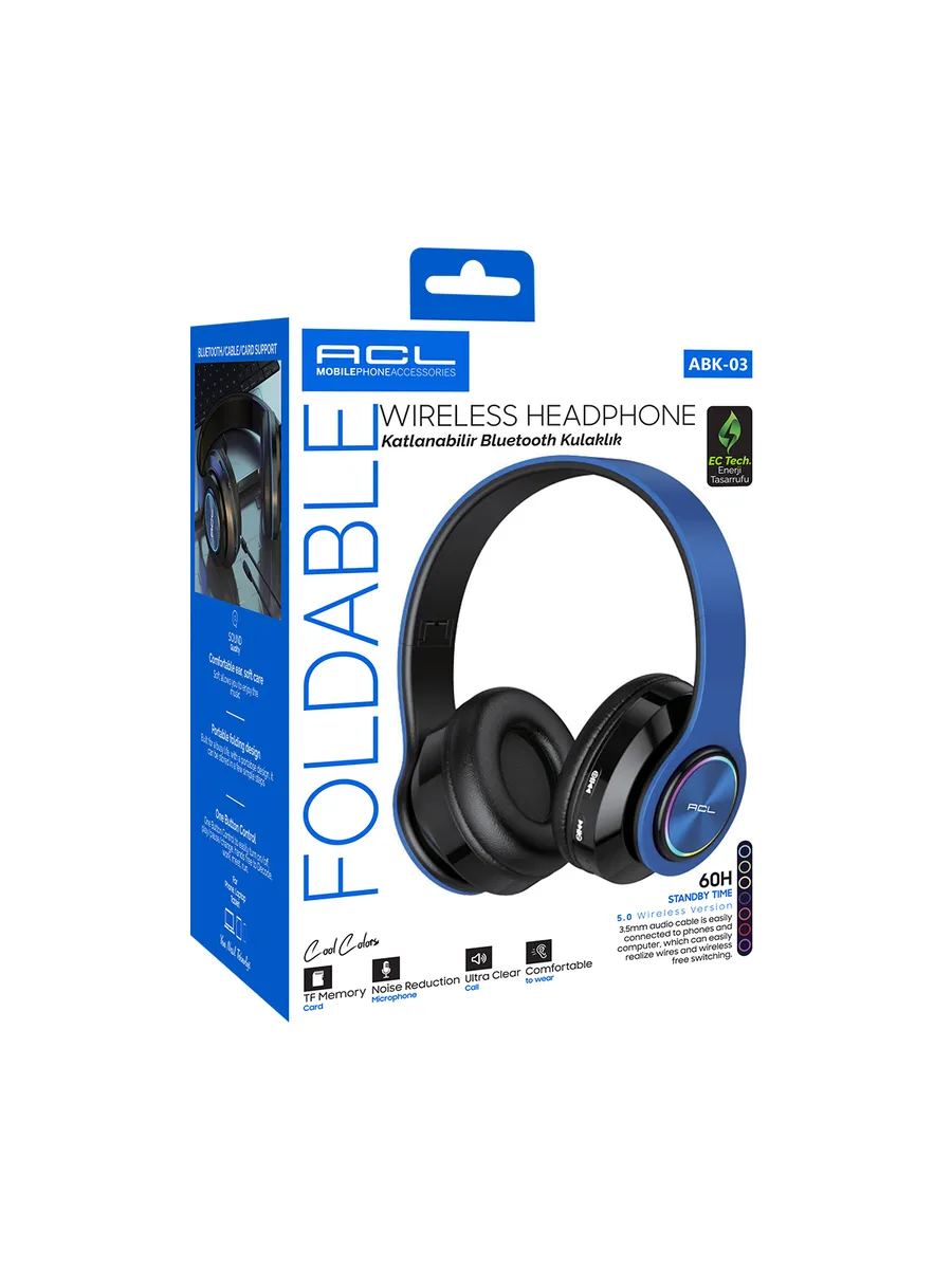 ACL ABK-03 Katlanabilir 7 Renkli Işıklı RGB Bluetooth 5.0 Kulak Üstü Kulaklık – SD Kart ve AUX Destekli