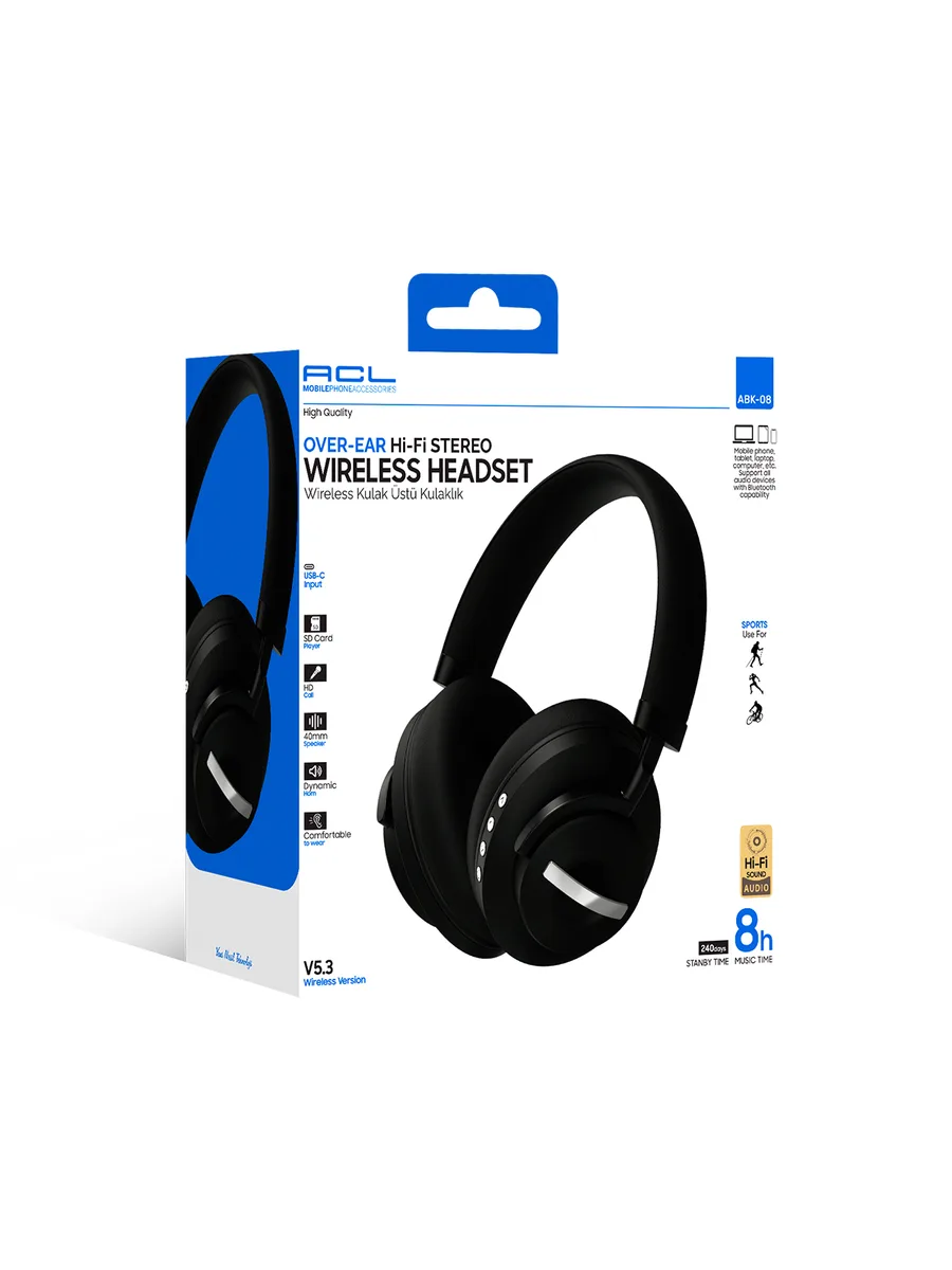 ACL ABK-08 Hi-Fi Stereo Bluetooth 5.3 Kablosuz Kulak Üstü Kulaklık – 8 Saat Çalma ve 240 Saat Bekleme