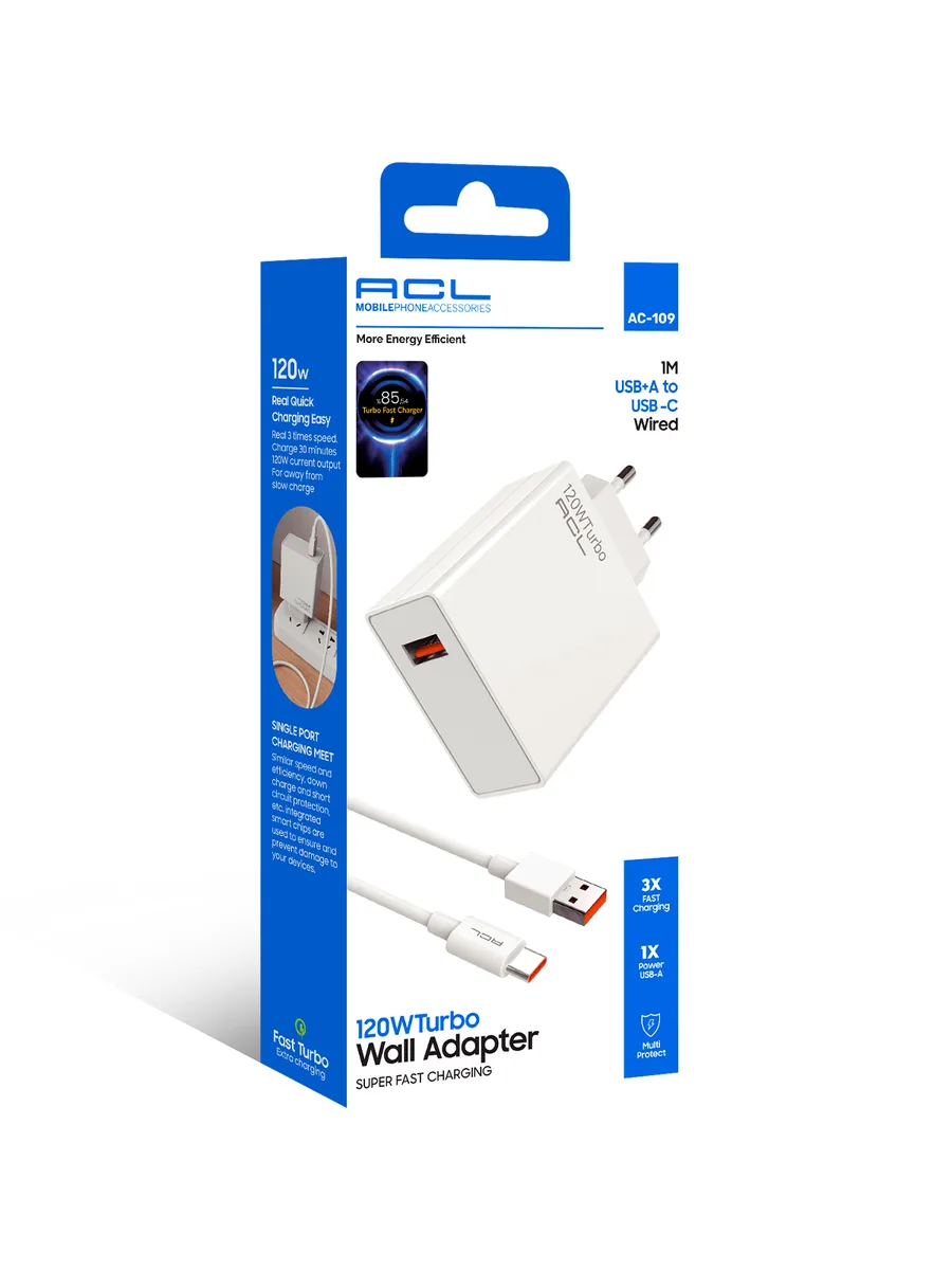 ACL AC-109 120W Turbo Super Hızlı Duvar Şarj Cihazı – USB-A Çıkışlı ve USB-A to Type-C Kablolu Set