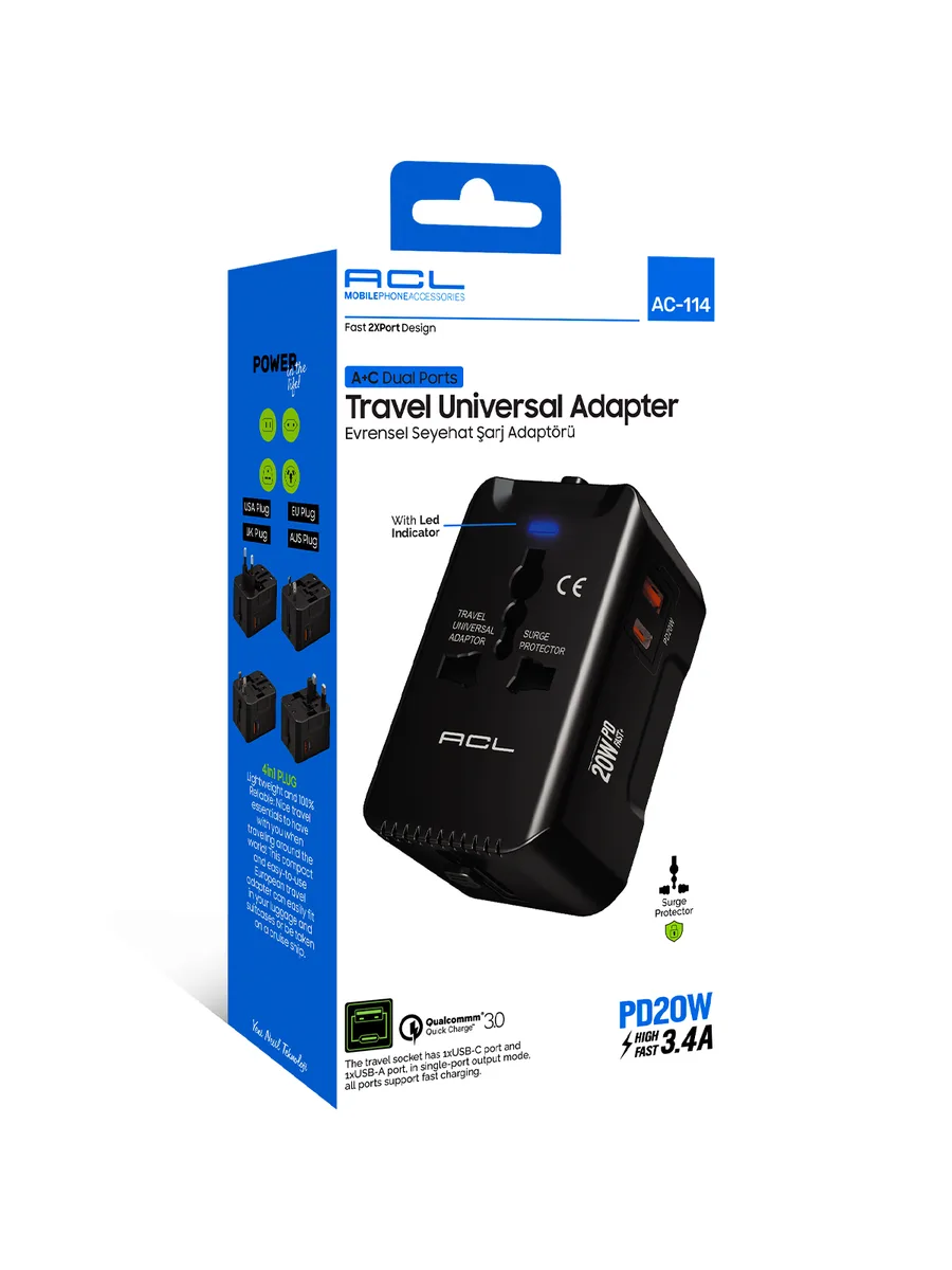 ACL AC-114 20W PD + QC 3.0 Evrensel Seyahat Adaptörü – 4’ü 1 Arada (EU/UK/US/AUS) Çoklu Priz ve Şarj Cihazı