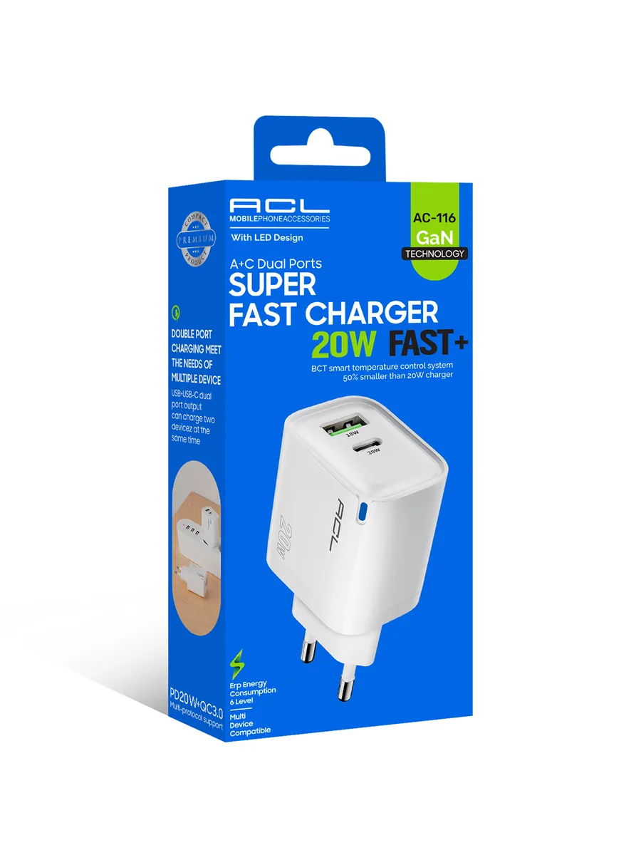 ACL AC-116 20W GaN Süper Hızlı Duvar Şarj Cihazı – Çift Portlu (USB-A + Type-C) ve PD+QC 3.0 Destekli