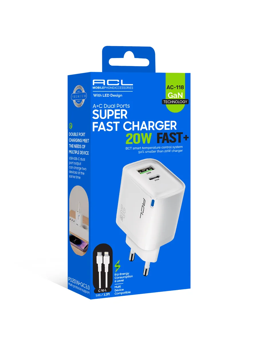 ACL AC-118 20W GaN Süper Hızlı Duvar Şarj Cihazı – Çift Portlu (USB-A + Type-C) ve Type-C to Lightning Kablolu Set