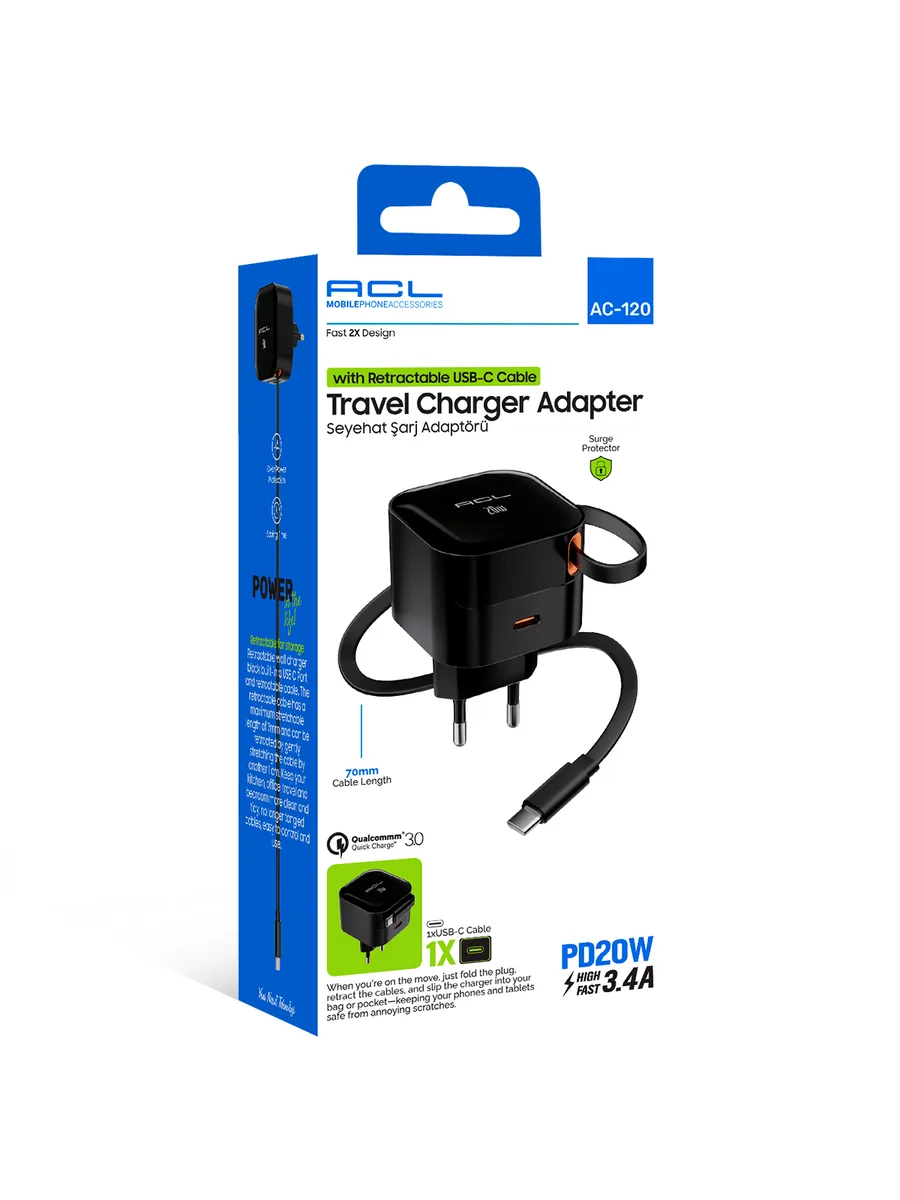 ACL AC-120 40W (20W+20W) PD Geri Çekilebilir Type-C Kablolu ve Type-C Portlu Hızlı Seyahat Şarj Cihazı