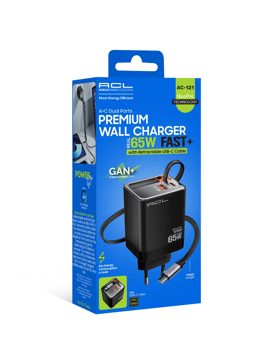 ACL AC-121 65W GaN Makaralı Type-C Kablolu ve Çift Portlu (Type-C + USB-A) Hızlı Duvar Şarj Cihazı