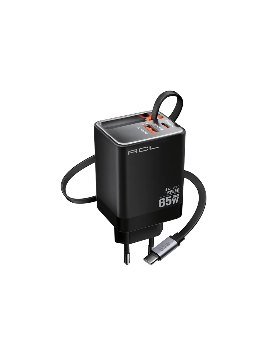 ACL AC-121 65W GaN Makaralı Type-C Kablolu ve Çift Portlu (Type-C + USB-A) Hızlı Duvar Şarj Cihazı - Görsel 2