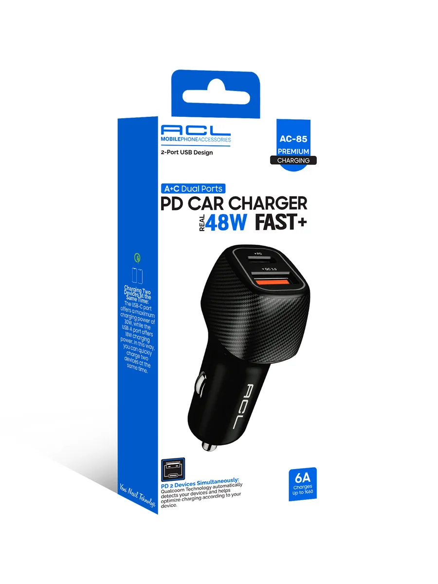 ACL AC-85 48W Hızlı Araç Şarj Cihazı – PD 30W + QC 3.0 18W Çift Portlu Metal Başlıklı Şarj Başlığı