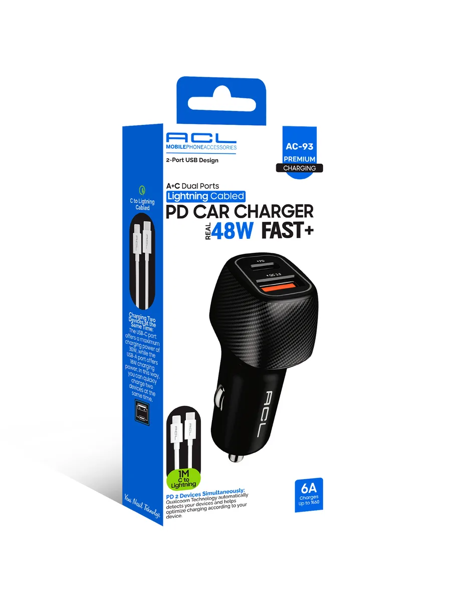 ACL AC-93 48W Hızlı Araç Şarj Cihazı Seti – PD 30W + QC 3.0 18W Çift Portlu + 1M Type-C to Lightning Kablo