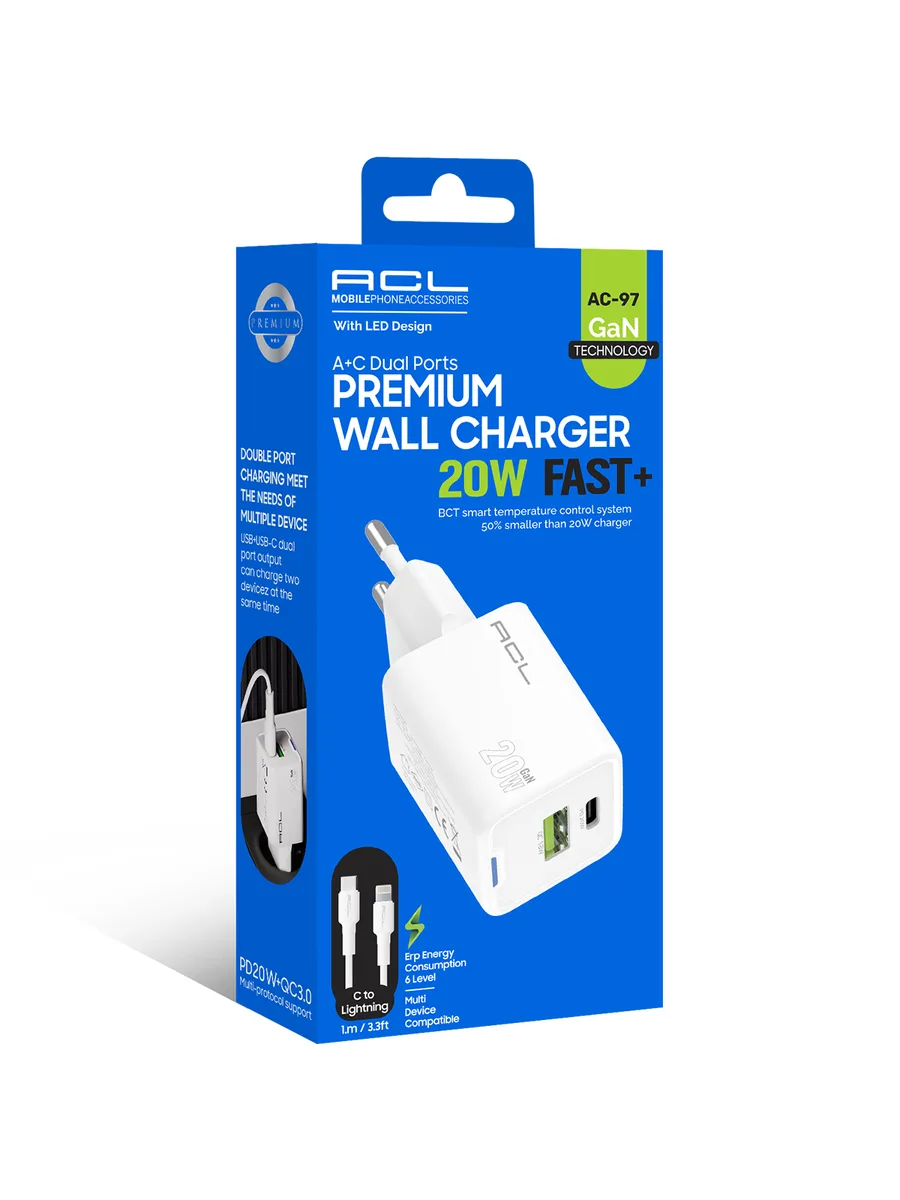 ACL AC-97 20W GaN Premium Hızlı Duvar Şarj Cihazı – Çift Portlu (USB-A + Type-C) ve Type-C to Lightning Kablolu