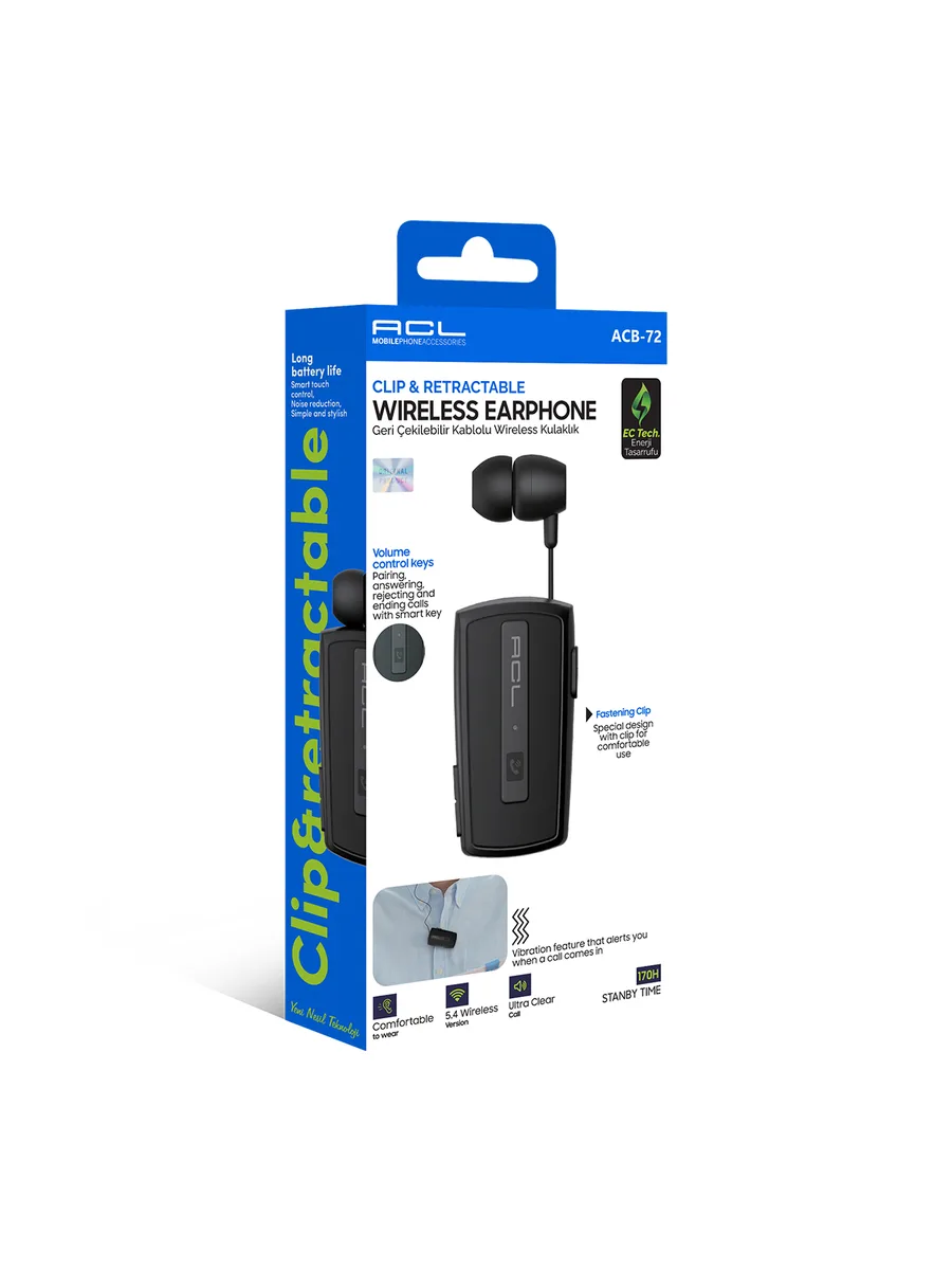 ACL ACB-72 Geri Çekilebilir Makaralı ve Klipsli Bluetooth 5.4 Kablosuz Kulaklık – Titreşimli Uyarı ve 18 Saat Pil Ömrü