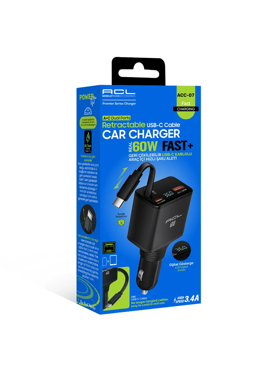 ACL ACC-07 60W Süper Hızlı Araç Şarj Cihazı – Geri Çekilebilir USB-C Kablolu ve LCD Dijital Göstergeli