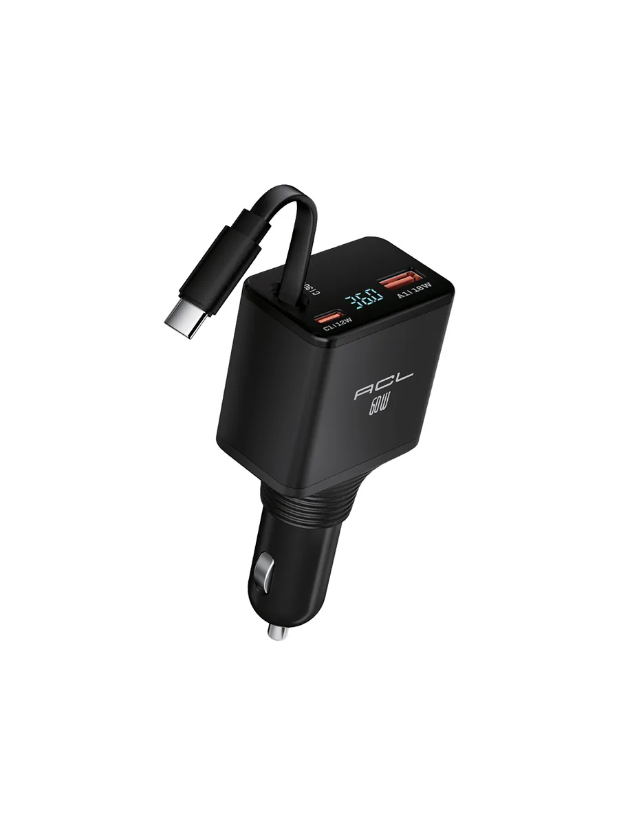 ACL ACC-07 60W Süper Hızlı Araç Şarj Cihazı – Geri Çekilebilir USB-C Kablolu ve LCD Dijital Göstergeli - Görsel 2