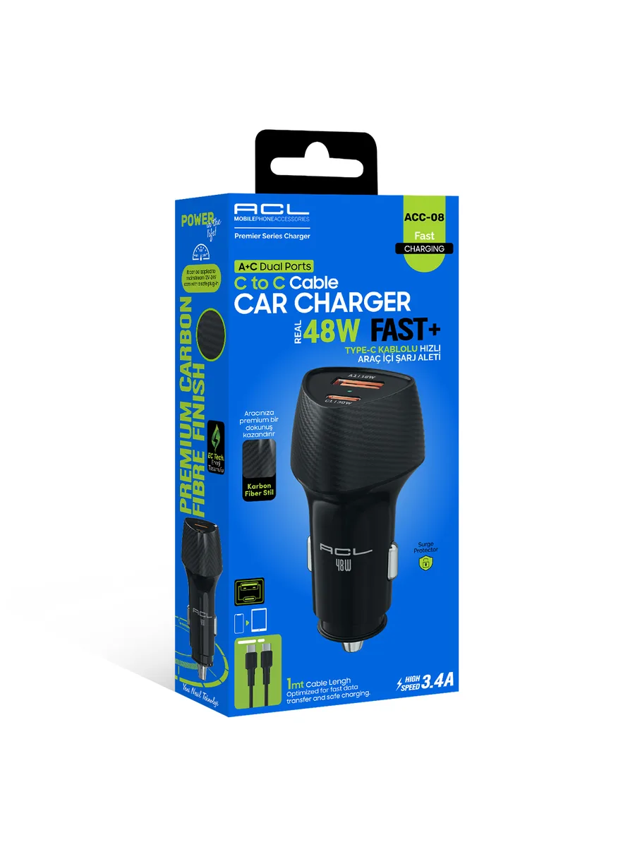 ACL ACC-08 48W Karbon Fiber Stil Hızlı Araç Şarj Cihazı Seti – PD 30W + QC 18W Çift Portlu + 1M Type-C Kablolu