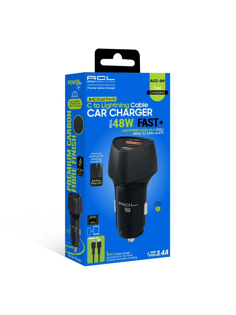 ACL ACC-09 48W Karbon Fiber Stil Hızlı Araç Şarj Cihazı Seti – PD 30W + QC 18W Çift Portlu + 1M Type-C to Lightning Kablo