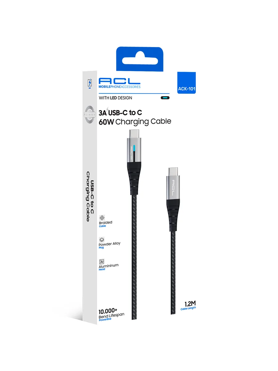 ACL ACK-101 1.2M LED Göstergeli 60W USB-C to USB-C Örgü Şarj ve Veri Kablosu (3A)