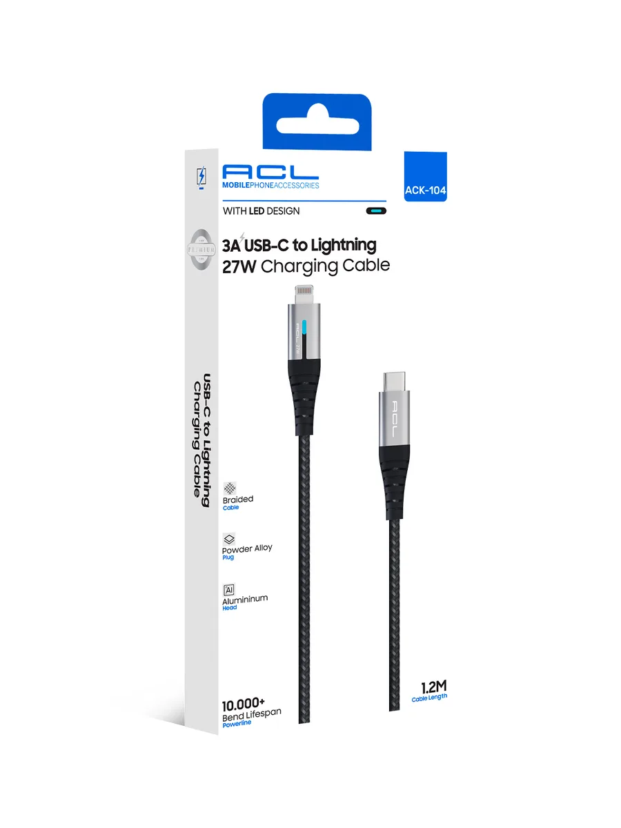 ACL ACK-104 1.2M LED Göstergeli 27W USB-C to Lightning Örgü Şarj ve Veri Kablosu (3A)