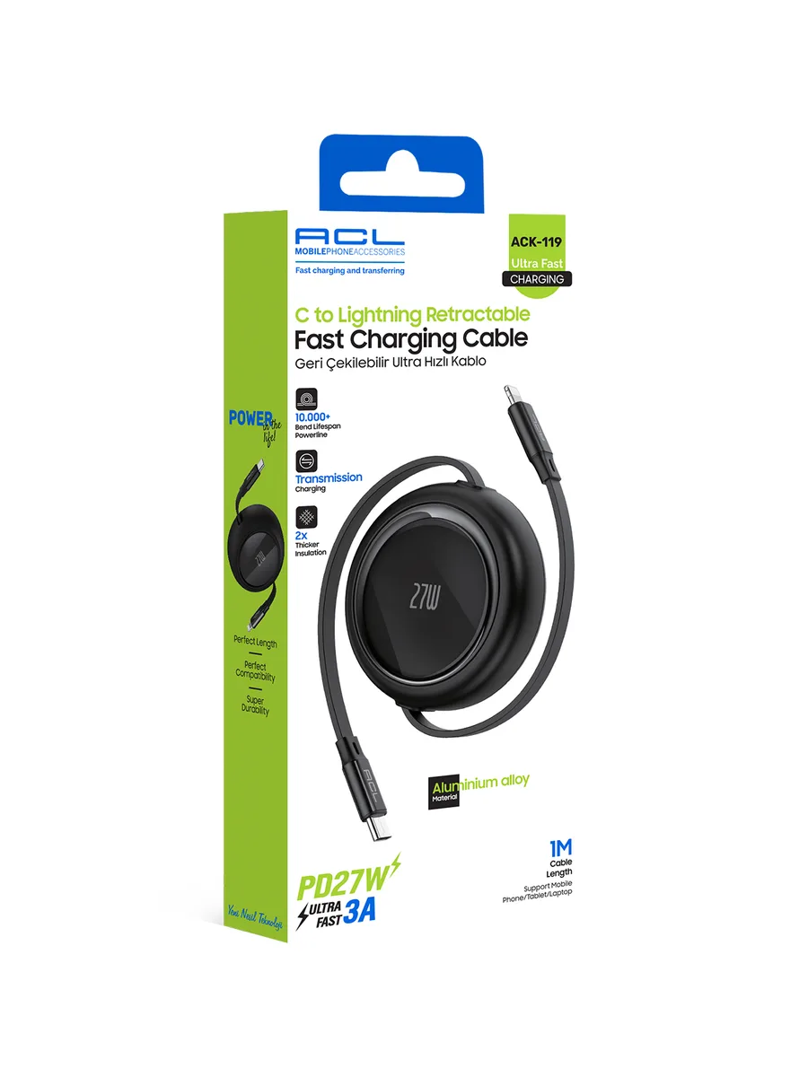 ACL ACK-119 PD 27W Ultra Hızlı Geri Çekilebilir Type-C to Lightning Şarj Kablosu (1 Metre)