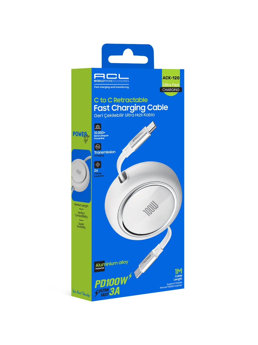 ACL ACK-120 100W PD Ultra Hızlı Geri Çekilebilir USB-C to USB-C Şarj Kablosu (1 Metre)
