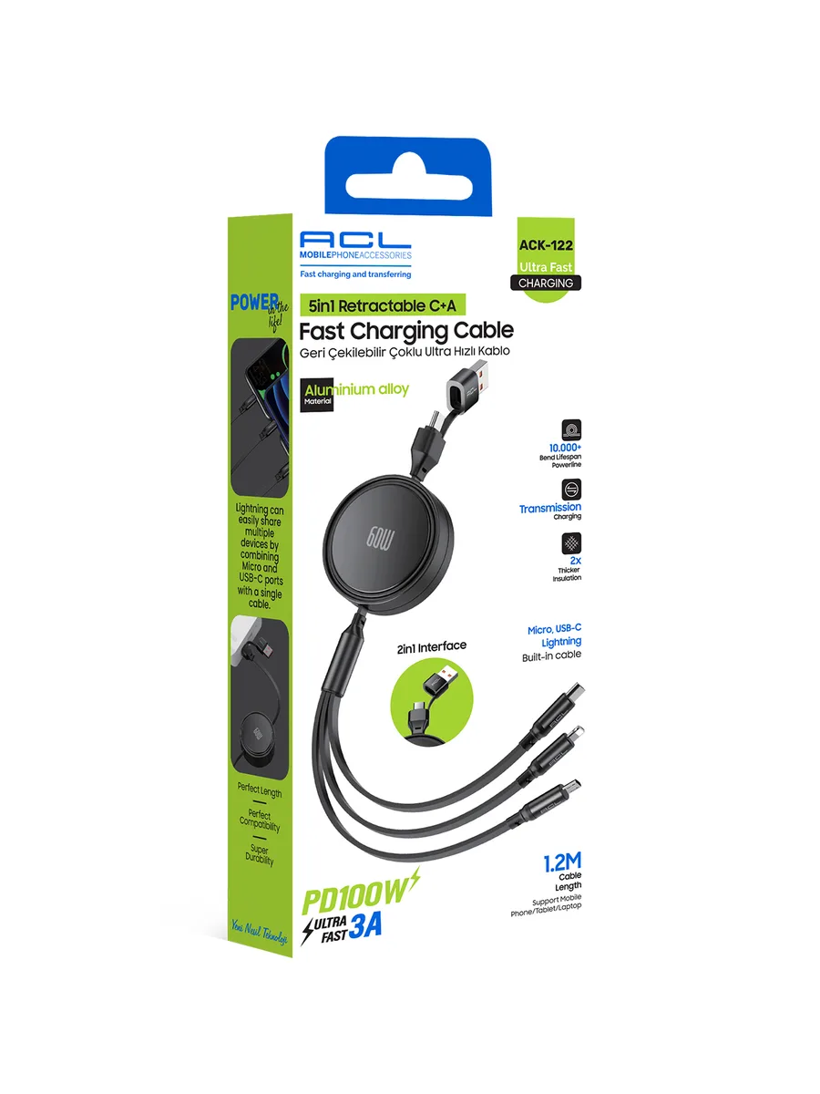 ACL ACK-122 5in1 100W PD Ultra Hızlı Geri Çekilebilir Çoklu Şarj Kablosu (1.2 Metre)