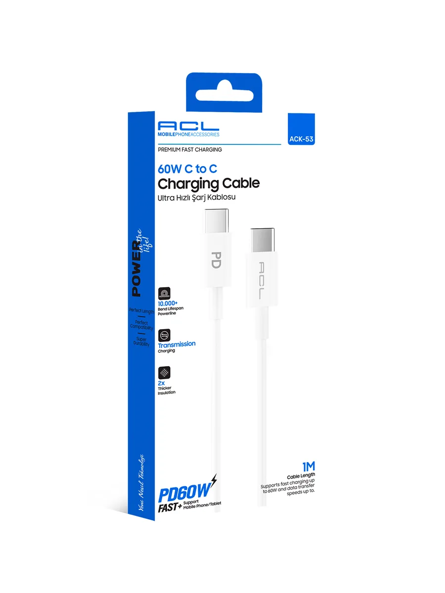 ACL ACK-53 1 Metre Type-C to Type-C 60W Ultra Hızlı Şarj ve Veri Kablosu | UMO Perpa Shop