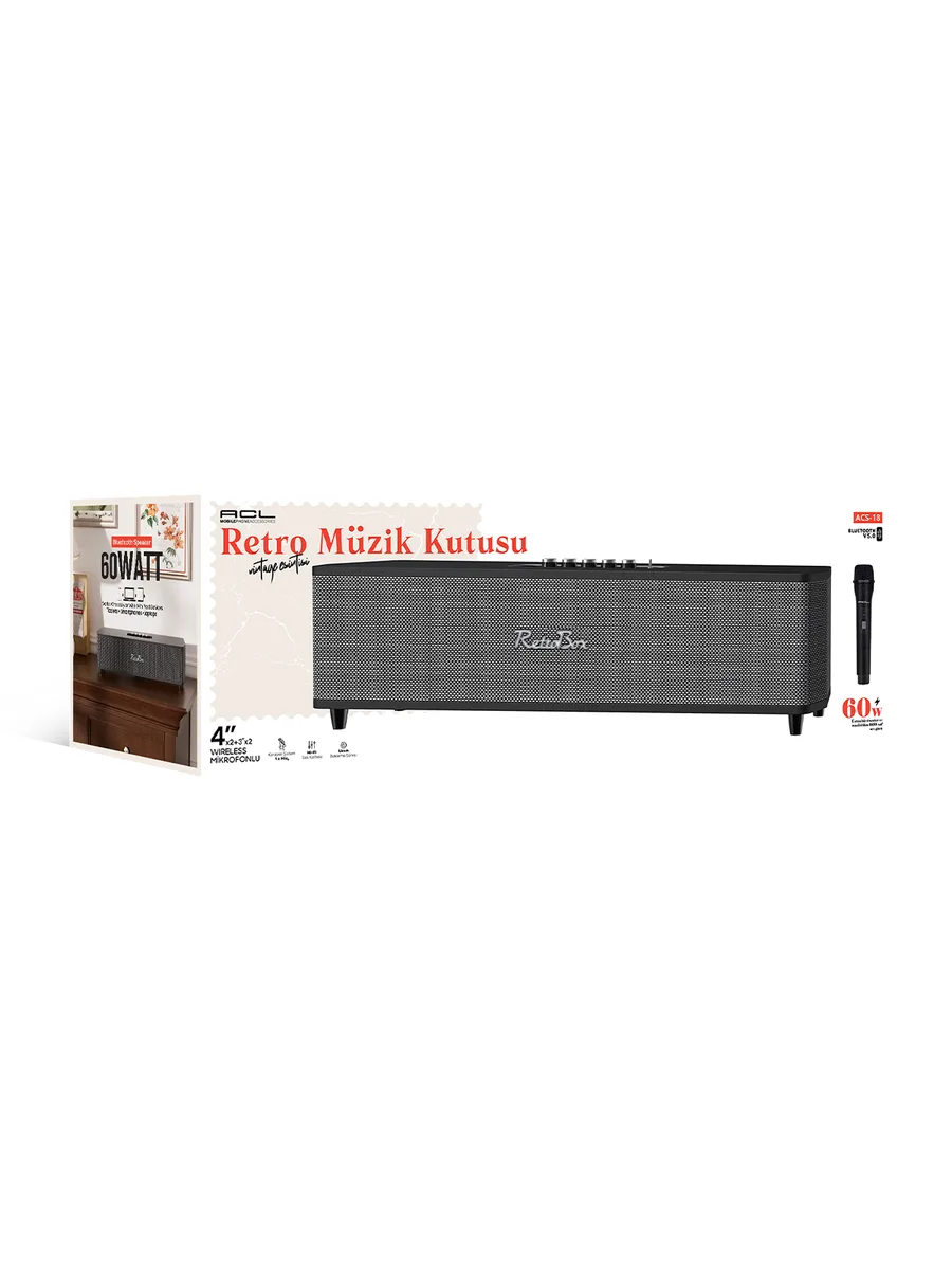 ACL ACS-18 Retro Tasarım 60W Bluetooth Soundbar Hoparlör – Kablosuz Mikrofonlu Vintage Müzik Sistemi