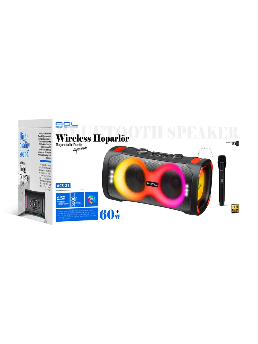 ACL ACS-21 60W Çift 6.5 İnç RGB Işıklı Bluetooth Parti Hoparlörü – Kablosuz Mikrofonlu ve TWS Özellikli