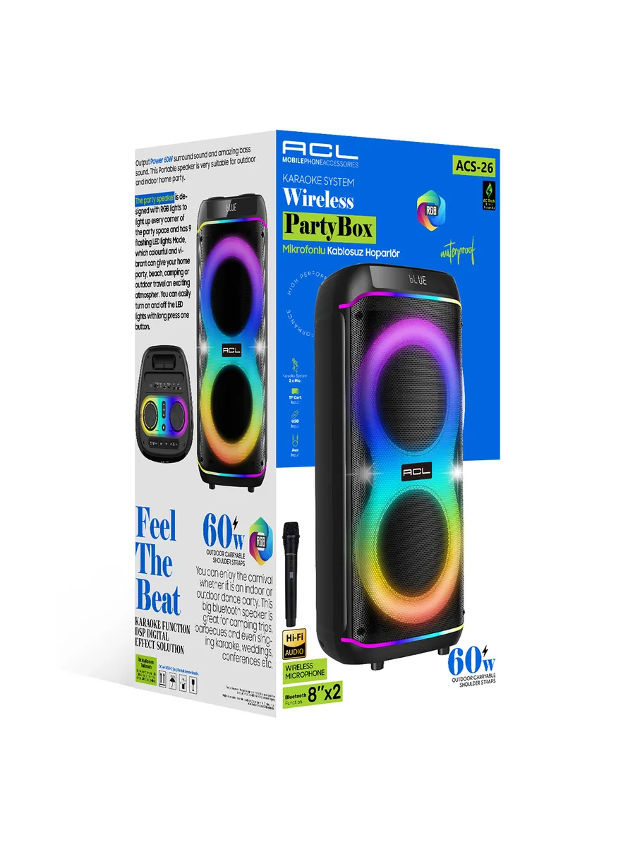 ACL ACS-26 60W Çift 8 İnç RGB Işıklı Kablosuz Parti Hoparlörü – Su Geçirmez ve Mikrofonlu PartyBox