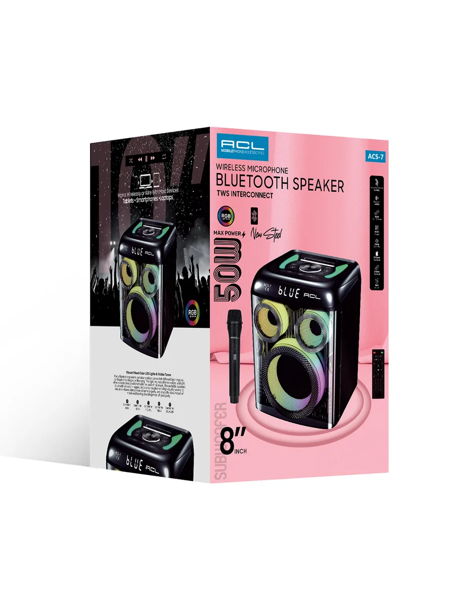 ACL ACS-7 8 İnç 50W RGB Işıklı Bluetooth Parti Hoparlörü – Kablosuz Mikrofonlu ve TWS Özellikli