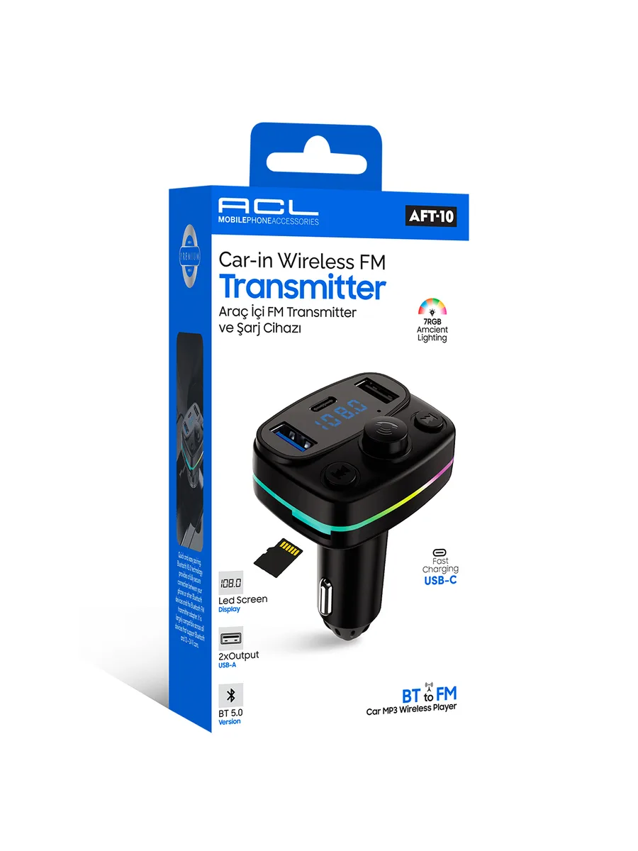 ACL AFT-10 Bluetooth 5.0 Araç İçi FM Transmitter ve Hızlı Şarj Cihazı (Çift USB + Type-C Çıkışlı, 7 Renkli RGB)