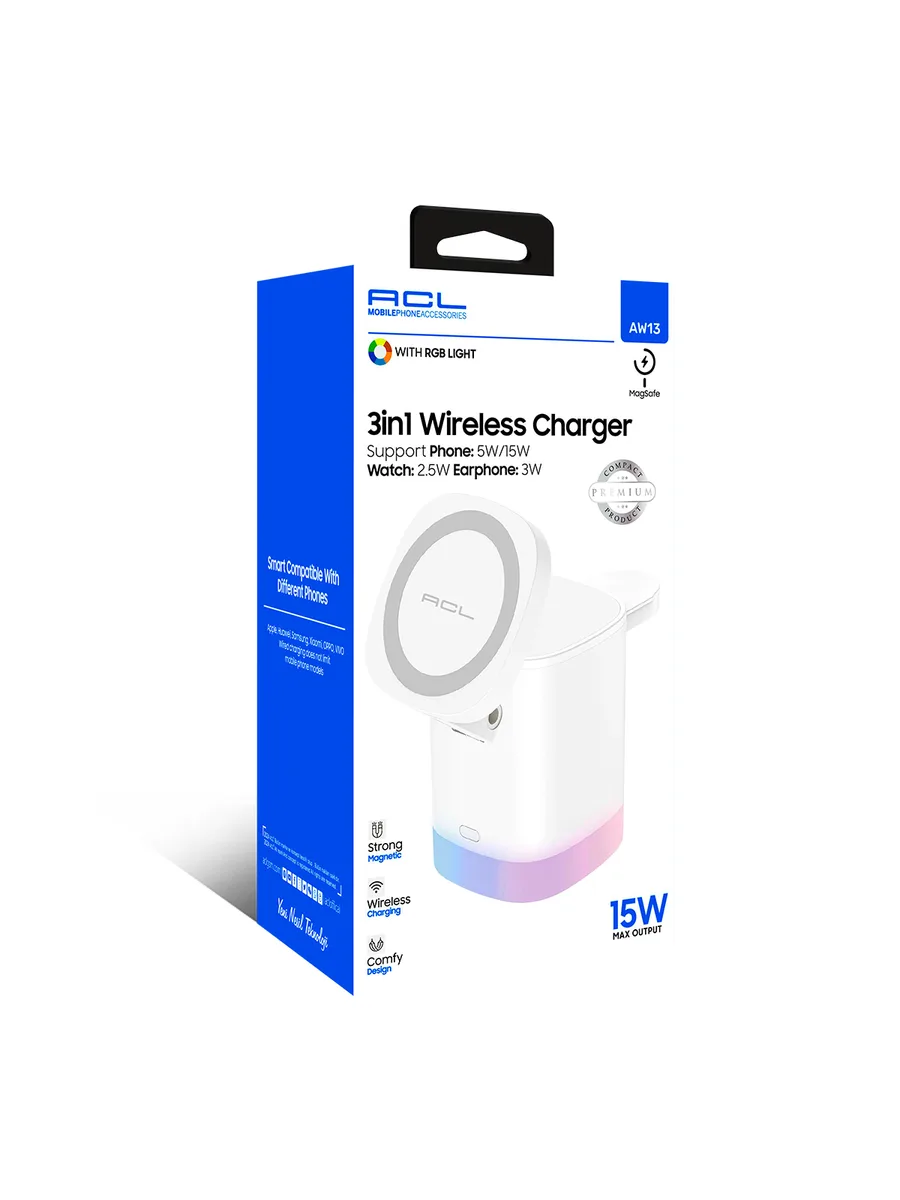 ACL AW13 3in1 MagSafe Kablosuz Şarj Standı – RGB Işıklı, Katlanabilir ve 15W Hızlı Şarj İstasyonu