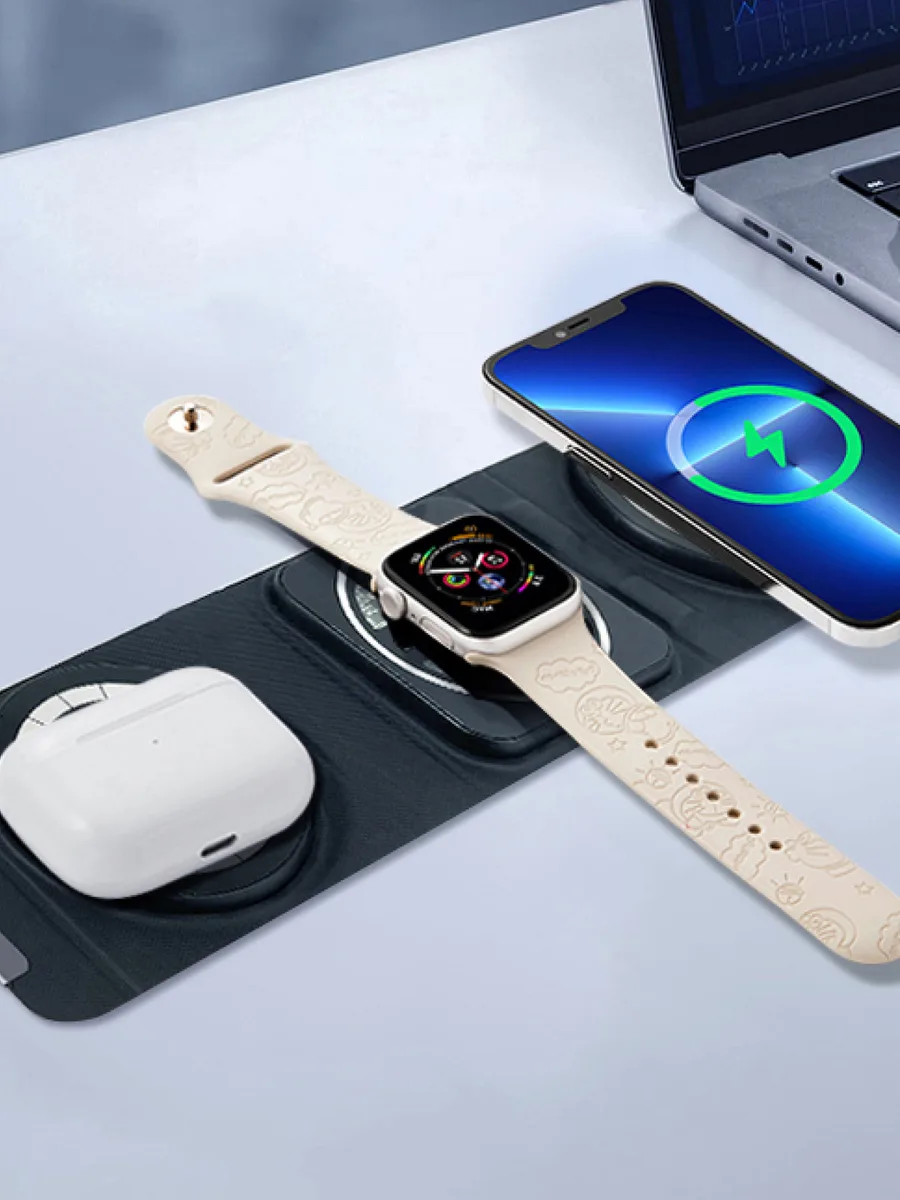 ACL AW14 3in1 MagSafe Katlanabilir Seyahat Şarj Seti – Deri/Kumaş Dokulu 15W Kablosuz Şarj İstasyonu - Görsel 4