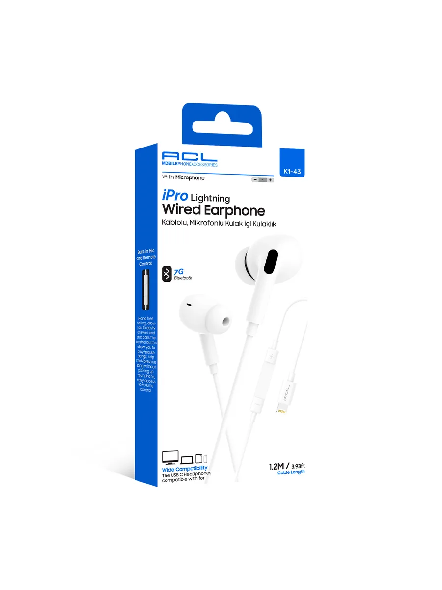 ACL K1-43 iPro Lightning Girişli Mikrofonlu Kablolu Kulak İçi Kulaklık – 7G Bluetooth Destekli ve Kumandalı