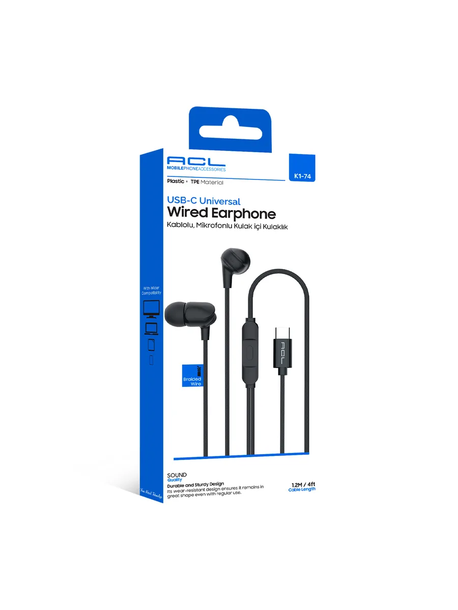 ACL K1-74 USB-C Tip C Metal Başlıklı ve Örgü Kablolu Mikrofonlu Kulak İçi Kulaklık – 1.2M Dayanıklı Tasarım