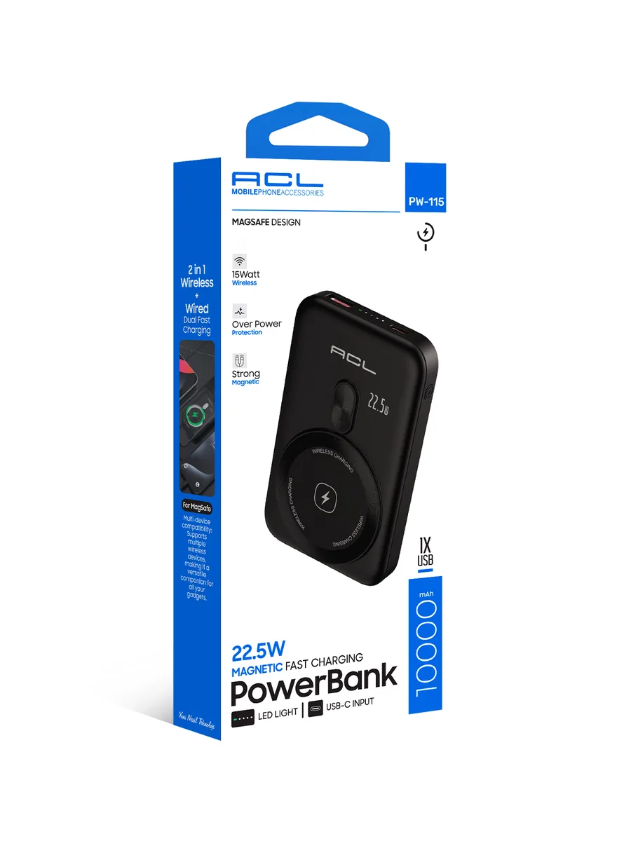 ACL PW-115 10000 mAh MagSafe Wireless Powerbank – 22.5W Hızlı Şarj & 15W Kablosuz Şarj Destekli