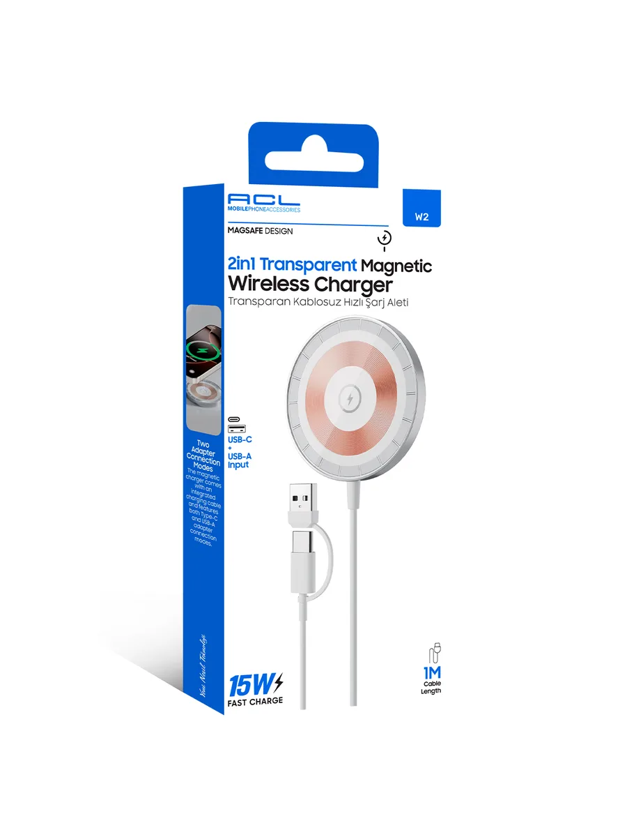 ACL W2 2in1 Şeffaf MagSafe Kablosuz Şarj Cihazı – USB-A ve Type-C Çift Girişli 15W Hızlı Şarj