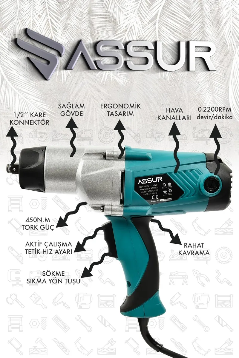 ASSUR 1100W Elektrikli 450 Nm Tork Somun Sıkma Makinesi - Görsel 2