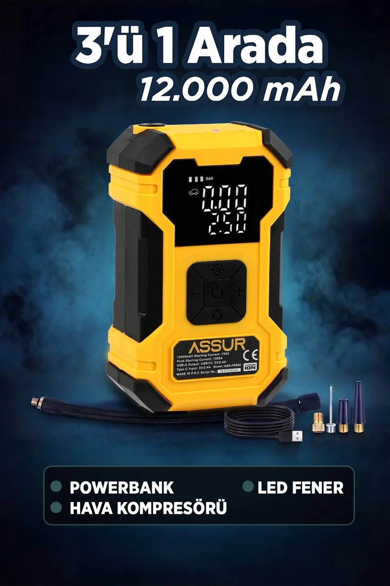 ASSUR 12000mAh Oto Kompresör Powerbank LED Işık - Görsel 4