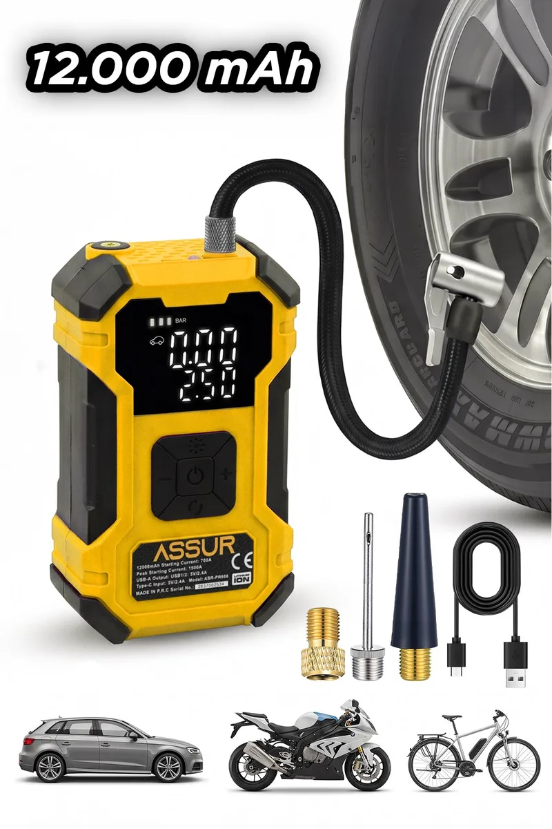 ASSUR 12000mAh Oto Kompresör Powerbank LED Işık - Görsel 5
