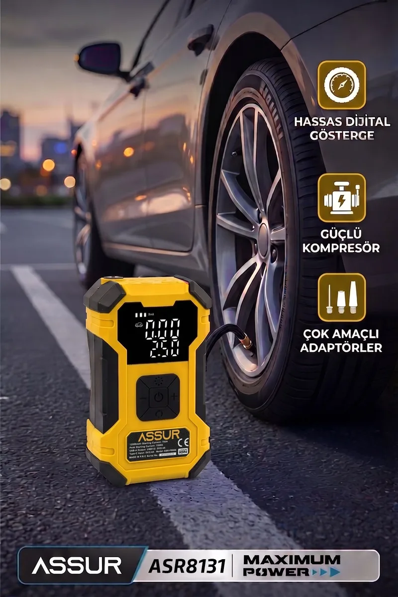 ASSUR 12000mAh Oto Kompresör Powerbank LED Işık - Görsel 6