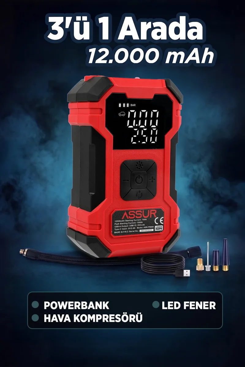 ASSUR 12000mAh Oto Kompresör Powerbank LED Işık - Görsel 7