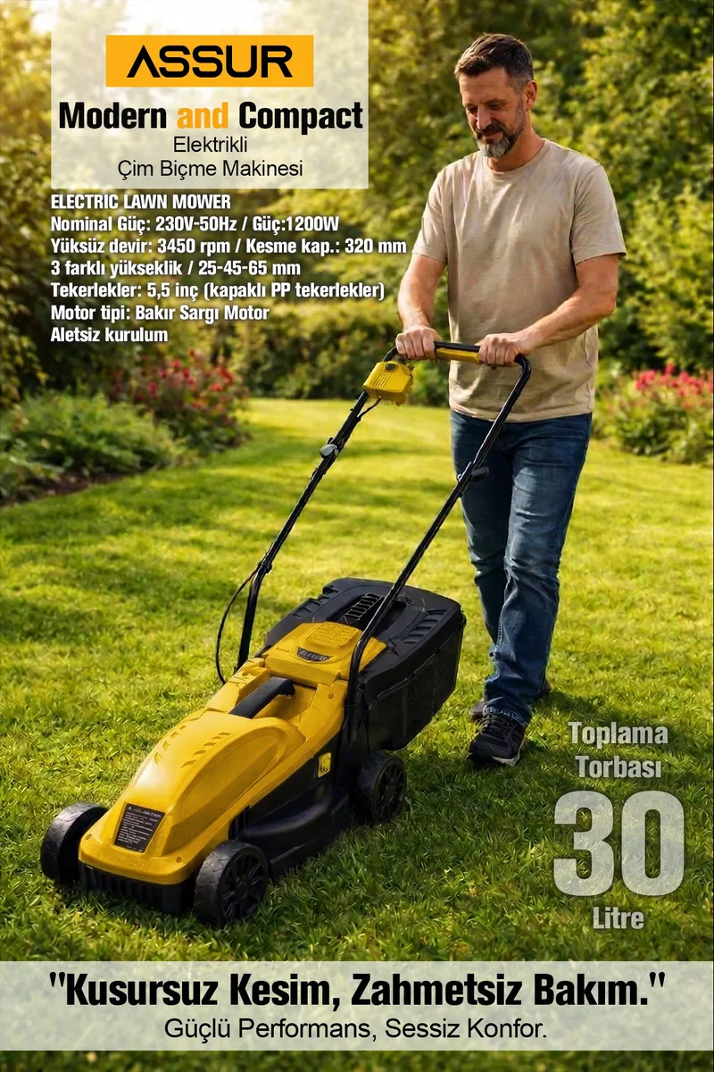 ASSUR 1200W 30 L Toplama Torbalı Elektrikli Çim Biçme Makinesi - Görsel 6